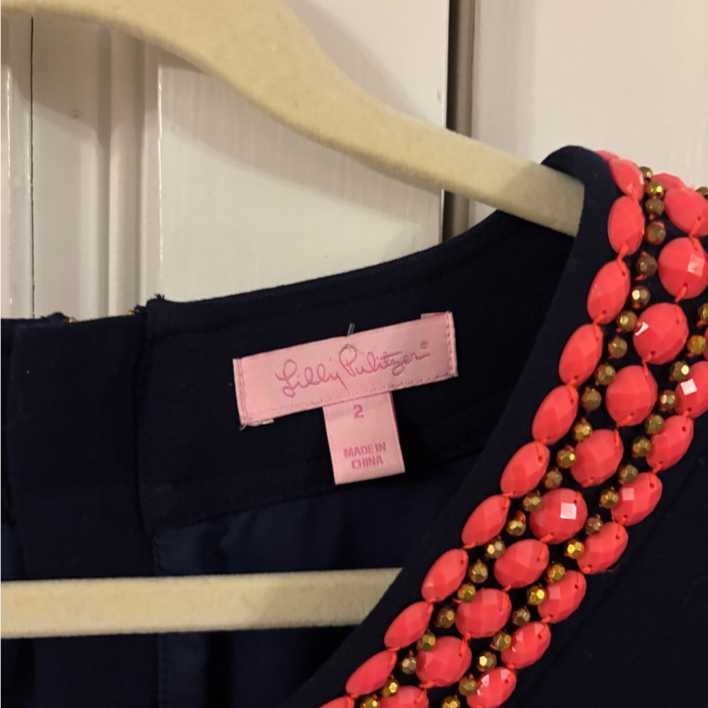 Lilly Pulitzer Bennett Shift Dress Beaded with Coral 3/4 sleeve - Picture 4 of 6